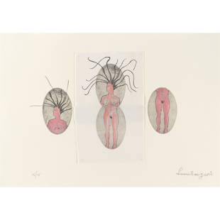 Louise Bourgeois (1911-2010); The Young Girl;: Louise Bourgeois (1911-2010) The Young Girl (Wye 290), 2006 Unique drypoint with collage, threads and hand-coloring on wove paper and cloth, signed in pencil and numbered 15/15 (there were also 6 arti