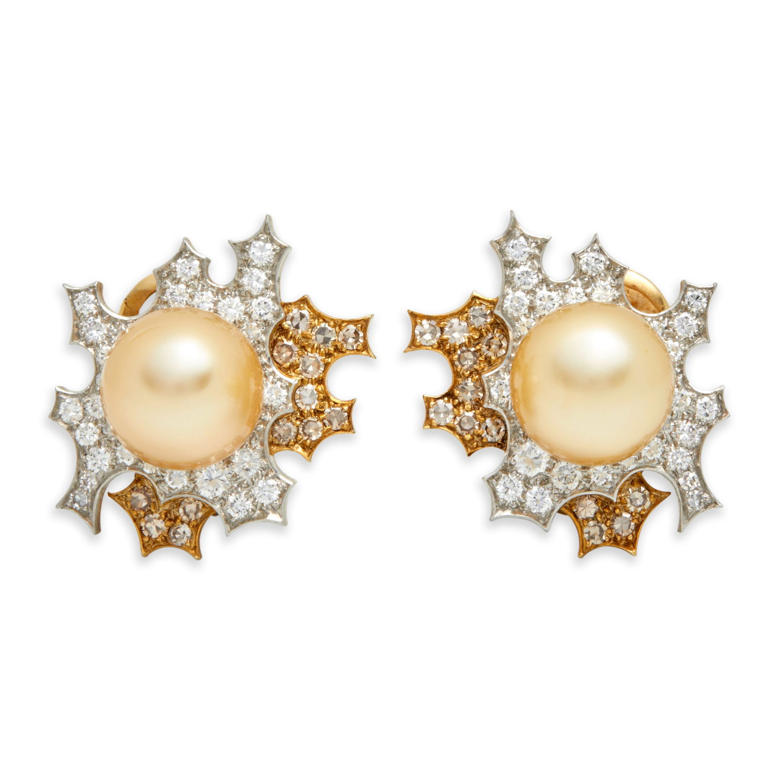ANDREW GRIMA: A PAIR OF 18K GOLD, GOLDEN SOUTH SEA PEARL, COLORED DIAMOND, AND DIAMOND EARCLIPS,...: ANDREW GRIMA: A PAIR OF 18K GOLD, GOLDEN SOUTH SEA PEARL, COLORED DIAMOND, AND DIAMOND EARCLIPS, CIRCA 1969 Of abstract form, centering oblong golden pearls, and full-cut brown diamonds and diamonds,