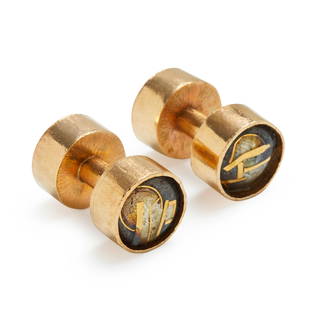 WILLIAM HARPER: A PAIR OF GOLD AND CLOISONNE ENAMEL CUFF LINKS: WILLIAM HARPER: A PAIR OF GOLD AND CLOISONNE ENAMEL CUFF LINKS The reversible cuff links with abstract cloisonne enamel designs, weight 14.1 dwt,  unsigned, length 1/2, 7/8 in.  Footnotes: William Har