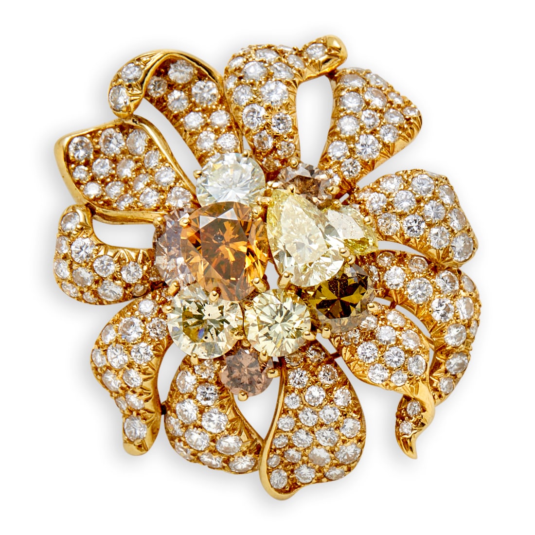 JULIUS COHEN: A FANCY COLOR DIAMOND AND DIAMOND BROOCH: JULIUS COHEN: A FANCY COLOR DIAMOND AND DIAMOND BROOCH Designed as a stylized flower, set with yellow and brown pear, round, and oval-cut diamonds, with pavé-set diamond petals, approximate total