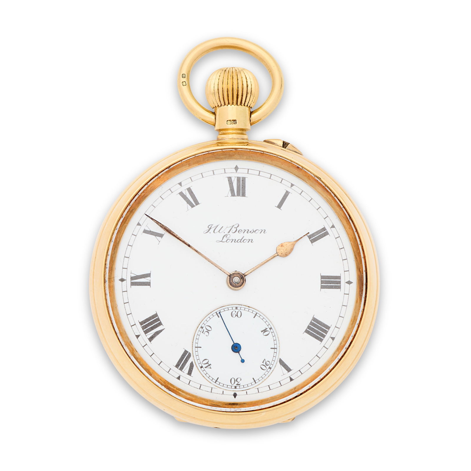 J.W Benson, Ludgate Hill, London. An 18K gold keyless wind open face pocket watch Circa 1929: J.W Benson, Ludgate Hill, London. An 18K gold keyless wind open face pocket watch Date: Circa 1929 Movement: Gilt 3/4 plate English lever, cut and compensated bi-metallic balance, No.3648 Dial: White,