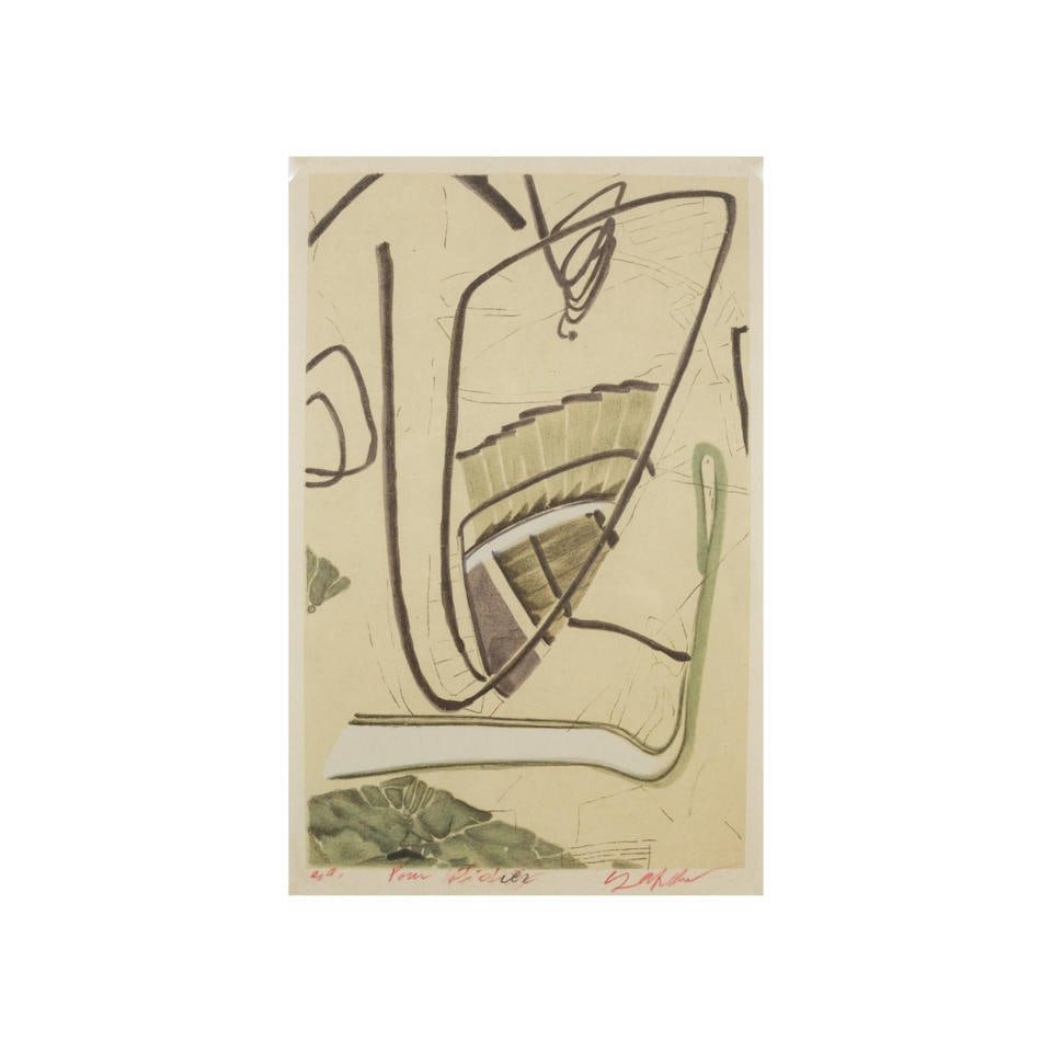Sam Szafran (France, 1934-2019). Escalier: Sam Szafran (France, 1934-2019) Escalier Lithographie couleur sur papier Chine volant Tirage EA Signé en bas à droite, dédicacé 'Pour Didier' Dimension feuille : 23.5 x 15 cm Dimen