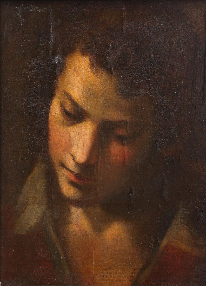 Follower of Federico Barocci (Urbino circa 1535-1612) A study of a head framed: 52 x 43cm: Follower of Federico Barocci (Urbino circa 1535-1612) A study of a head oil on early printed paper, laid onto panel 36.7 x 26.5cm (14 7/16 x 10 7/16in). framed: 52 x 43cm Footnotes: Provenance The