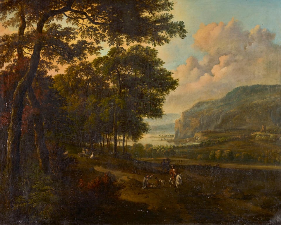 After Jan Wijnants, early 18th Century Huntsman in a hilly landscape, before a river framed: 109...: After Jan Wijnants, early 18th Century Huntsman in a hilly landscape, before a river bears signature 'J.wijnants.' (lower right) oil on canvas 85.1 x 104.3cm (33 1/2 x 41 1/16in). framed: 109 x 125cm