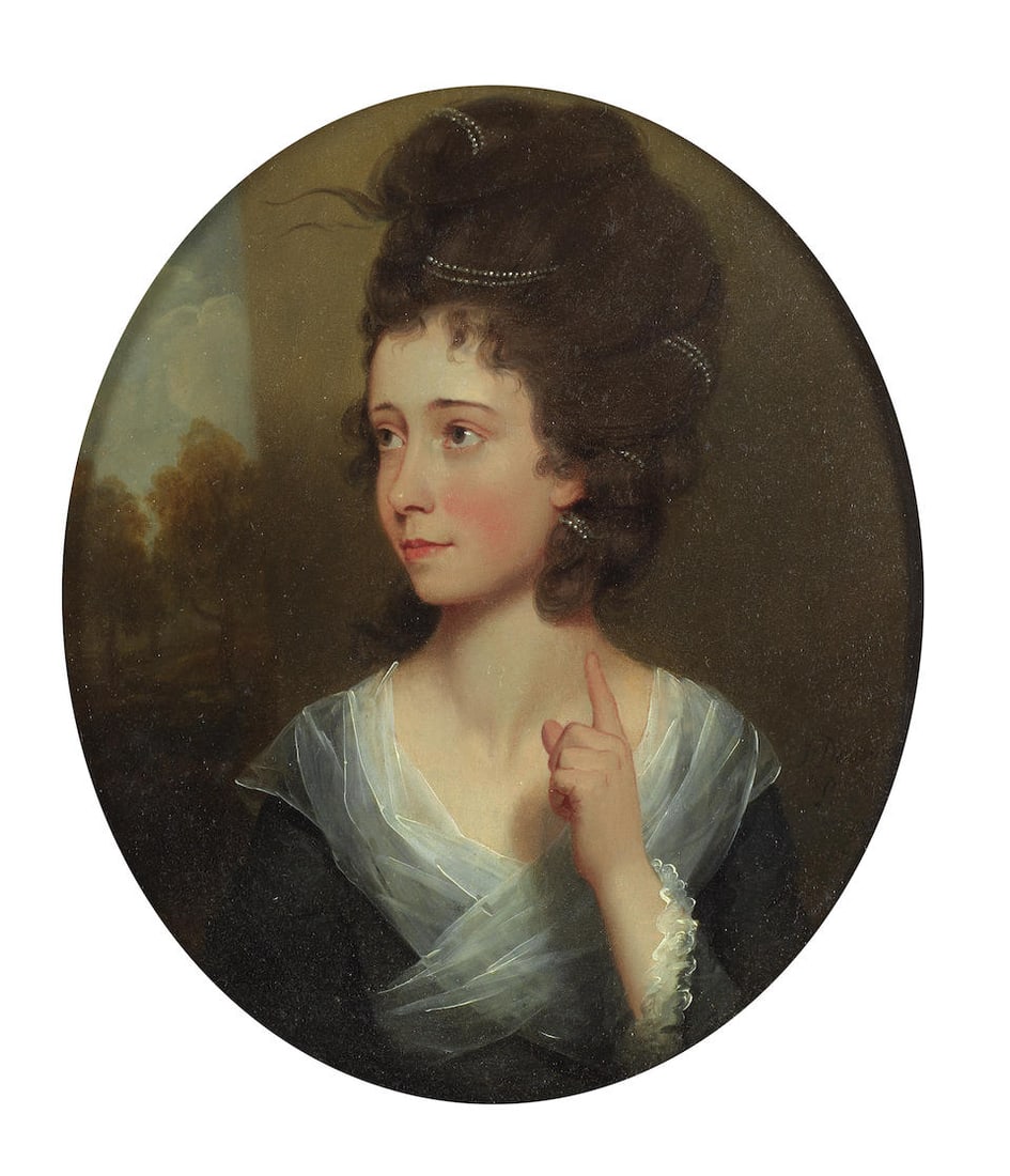 John Downman A.R.A. (Denbighshire 1750-1824 Wrexham) Portrait of Lady Elizabeth Christiana Lubbo...: John Downman A.R.A. (Denbighshire 1750-1824 Wrexham) Portrait of Lady Elizabeth Christiana Lubbock, bust-length, in a black dress and white wrap, before a landscape signed and dated 'J.Downman/Pinxt./