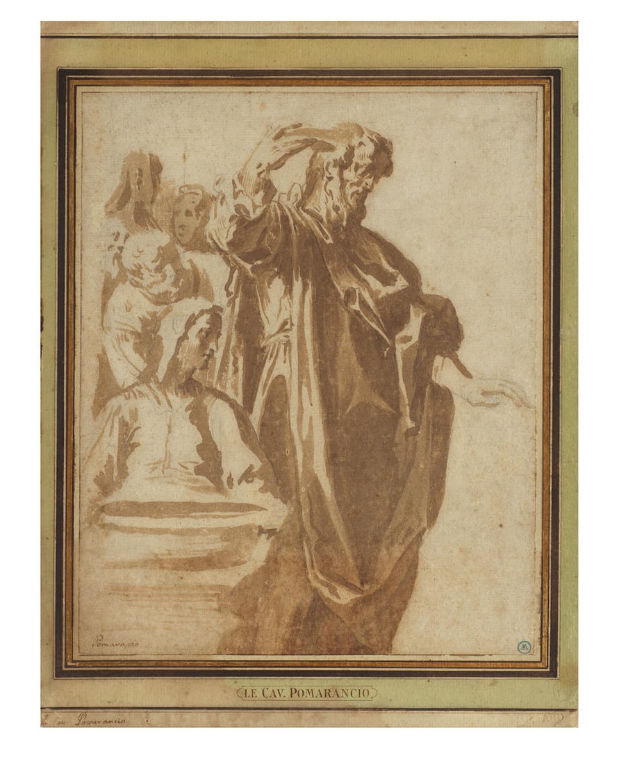 Jan de Bisschop (Amsterdam 1628-1671 The Hague) Saint Paul (?), blessing, possibly after an orig...: Jan de Bisschop (Amsterdam 1628-1671 The Hague) Saint Paul (?), blessing, possibly after an original by Taddeo Zuccaro bears inscription 'Pomarancio' (lower right margin) brown wash, traces of under d