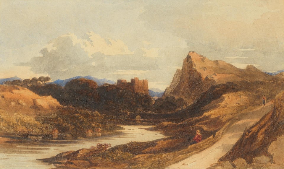 John Varley OWS (London 1778-1842) A castle in a river landscape framed: 52 x 67cm: John Varley OWS (London 1778-1842) A castle in a river landscape watercolour and gum arabic 24 x 40cm (9 7/16 x 15 3/4in). framed: 52 x 67cm Footnotes: Provenance The Collection of Randall Davies W