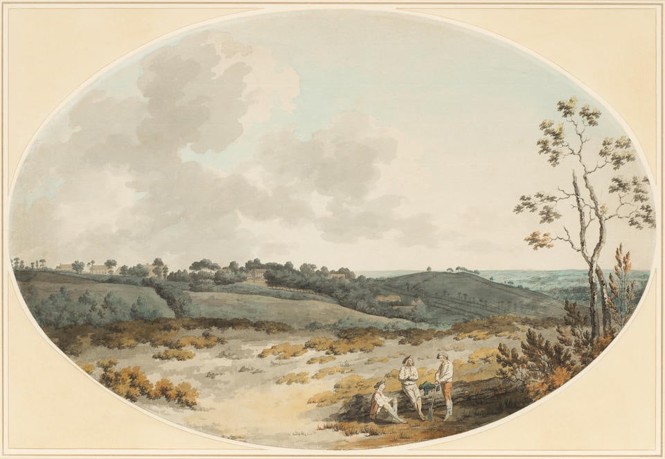 Francis Wheatley R.A. (London 1747-1801) An extensive landscape with labourers at rest on a heat...: Francis Wheatley R.A. (London 1747-1801) An extensive landscape with labourers at rest on a heath pen, ink and watercolour on laid paper, oval 32.5 x 48.1cm (12 13/16 x 18 15/16in). framed: 56.5 x 70.