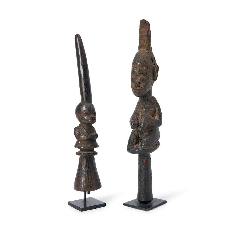 A Yoruba Shango Staff Finial And Yoruba Rattle Ht. 13 1/4 And 11 1/4 In ...