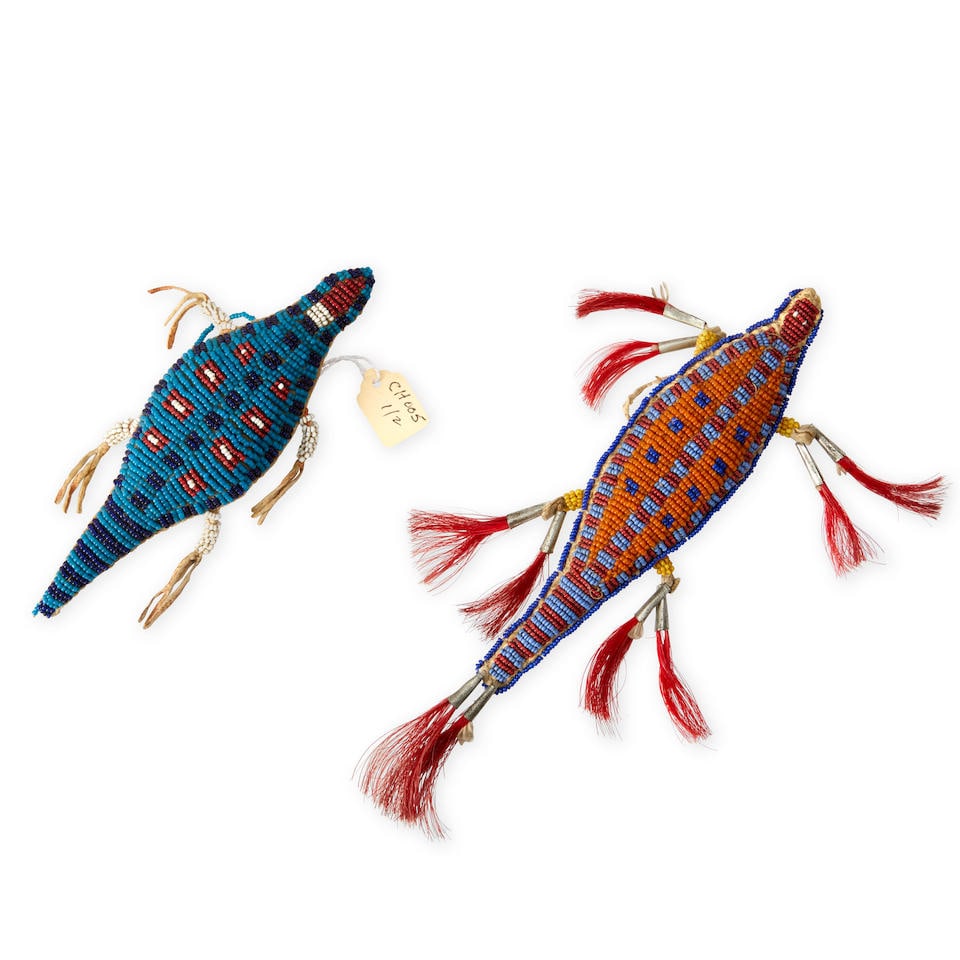 Two Plains beaded hide umbilical fetishes lg. 6 3/4 and 6 1/2 in. (1 of 3)