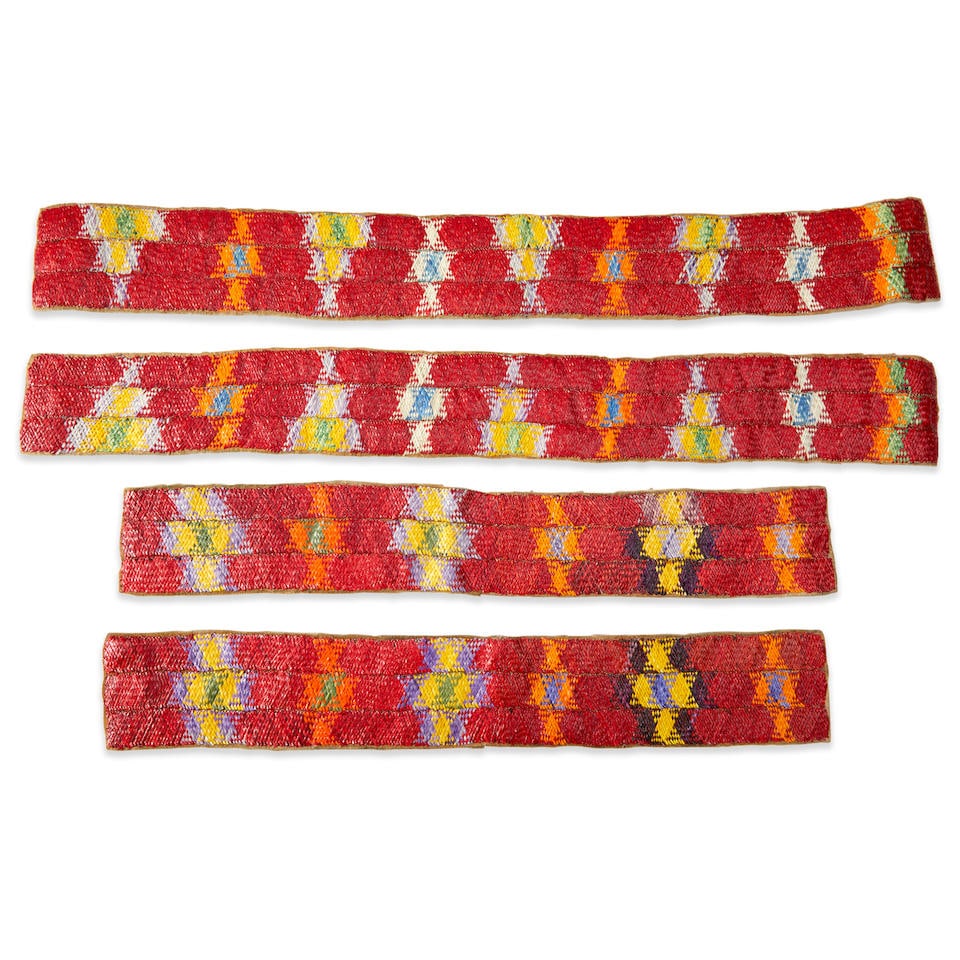Two pair of Plains quilled hide strips lg. 31, wd. 3 1/2, and lg. 23 1/4, wd. 3 5/8 in. (1 of 3)
