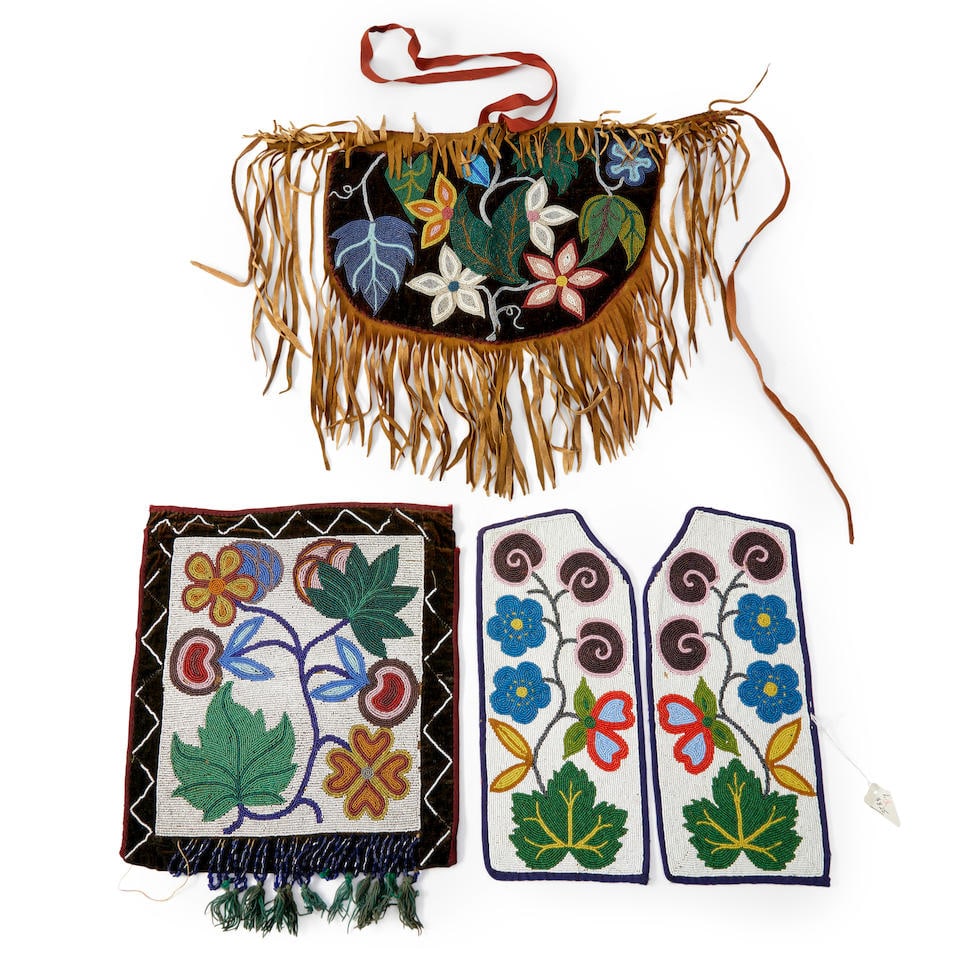 Five Northern Plains loom-beaded items lg. 24 1/2, 27, 13 not including straps, and 12 x 10 3/4 in. (1 of 2)