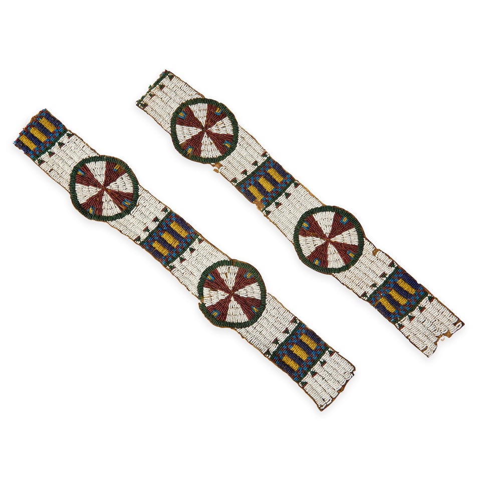 A Plains beaded hide blanket strip lg. 20 1/2, and 19 1/4, rondel dia. 3 1/2, wd. 2 1/2 in. (1 of 3)