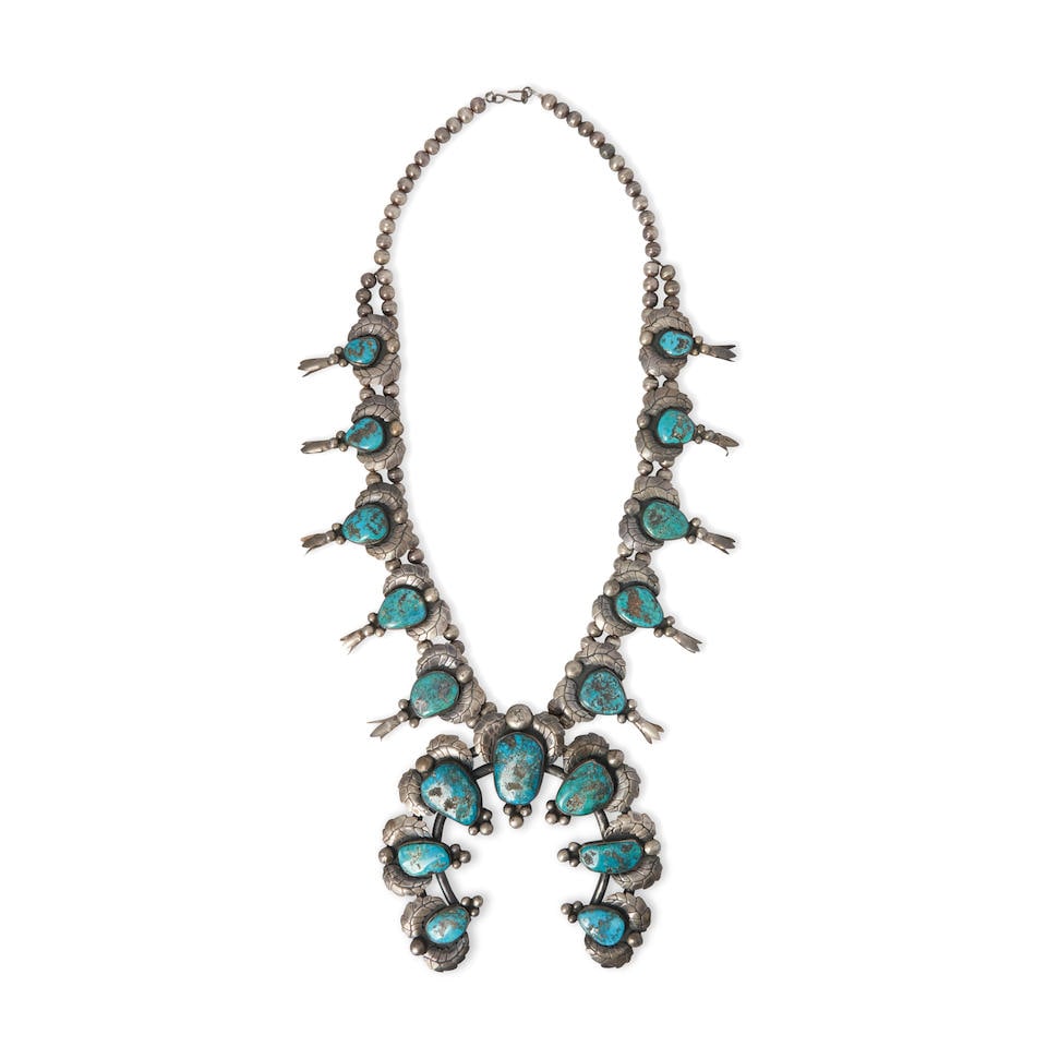 A Diné (Navajo) squash blossom necklace lg. of necklace 28, lg. of naja 5 in. (1 of 3)