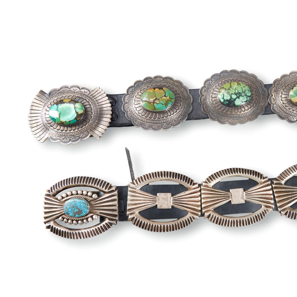 Two Diné (Navajo) silver and turquoise concha belts overall lg. 54, size of concha 2 3/4 x ... (1 of 3)