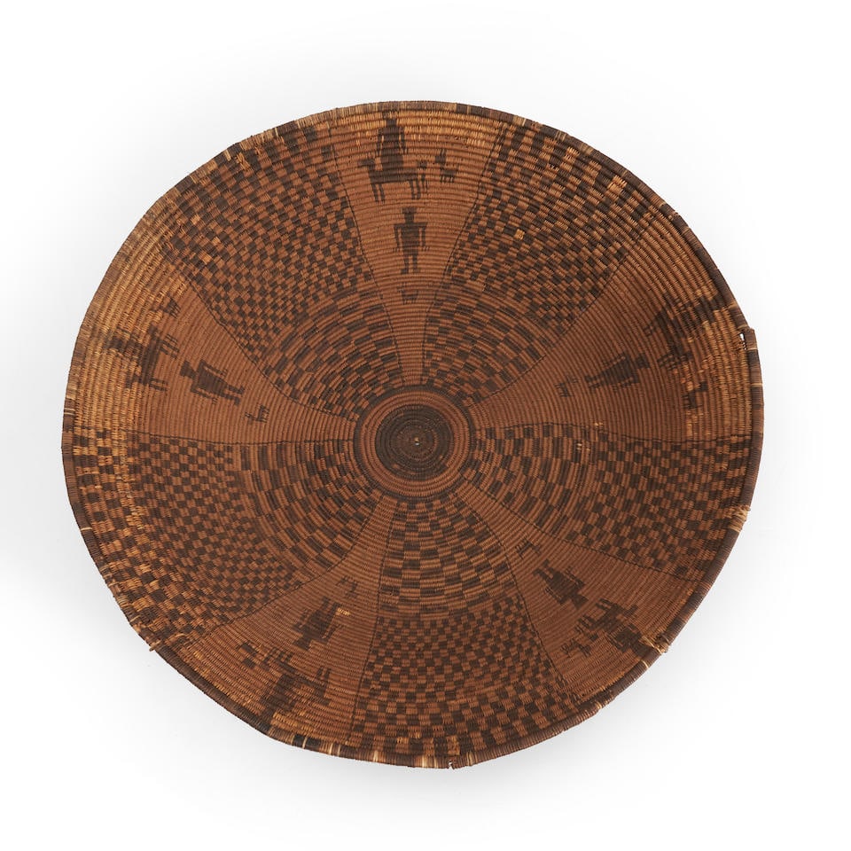 A large Southwest coiled pictorial basketry tray  ht. 4 1/4, wd. 23 in. (1 of 3)