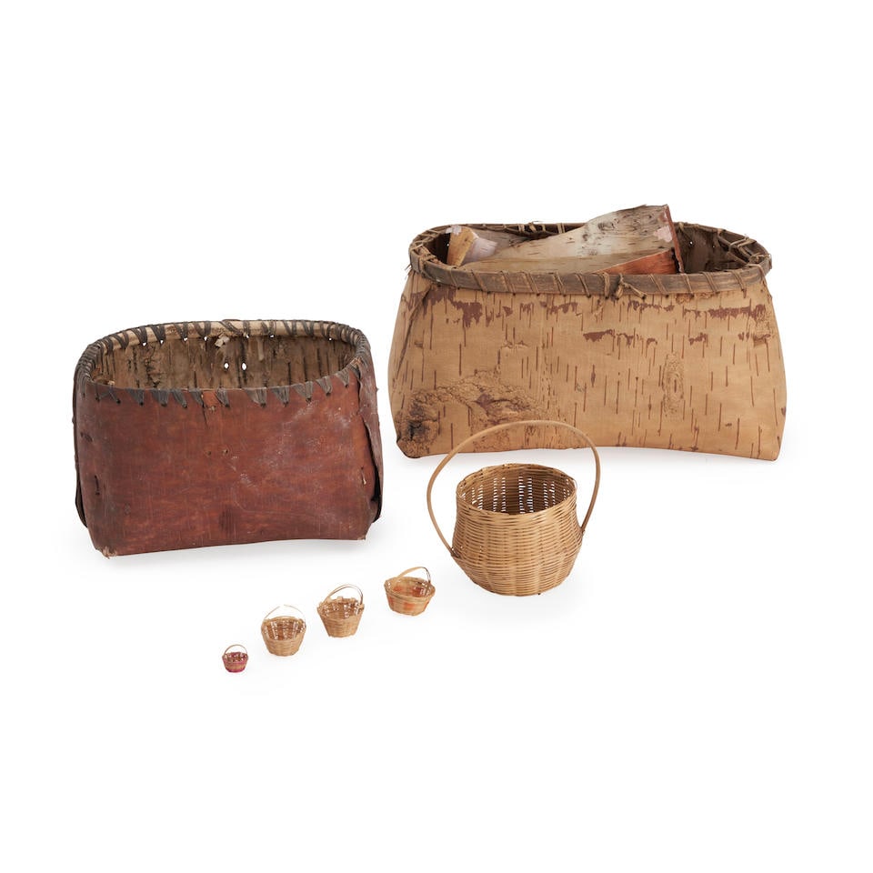 A collection of Northeast baskets ht. 6 1/2, wd. 12, ht. 6, wd. 8, and ht. 2 3/4, wd. 3 1/2, to ... (1 of 3)