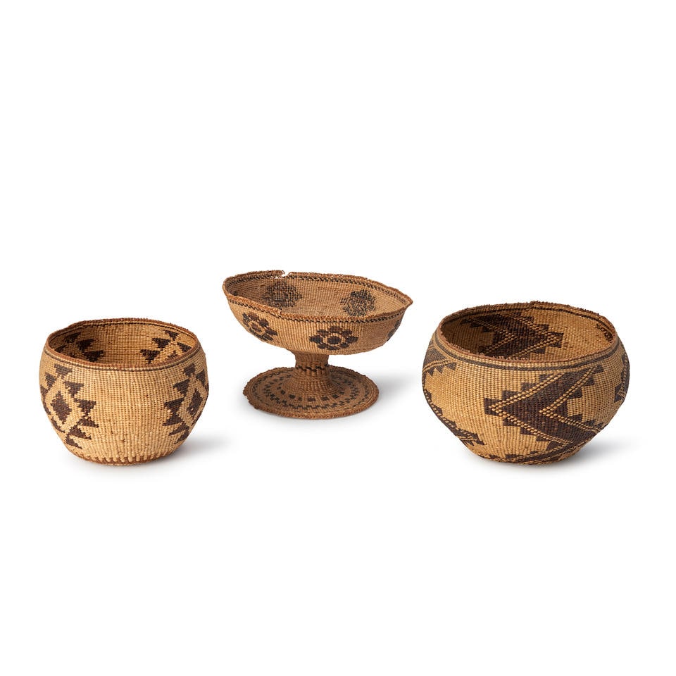 Three Northeast California baskets ht. 4 1/2, wd. 7 1/2, ht. 4 1/2, wd. 7 1/2, and ht. 4, wd. 5 ... (1 of 2)