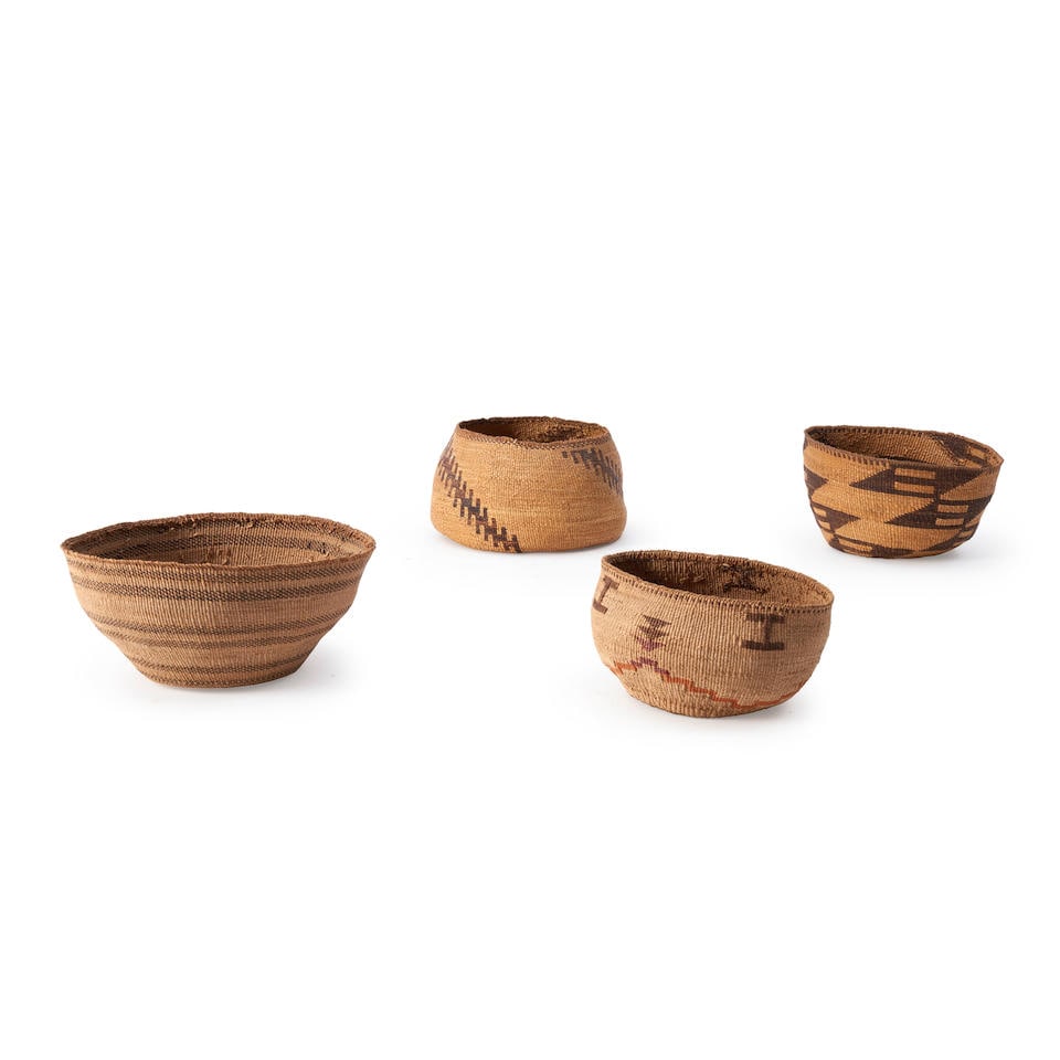 Four Northeast California twined baskets ht. 4 3/4, dia. 8 1/2, ht. 4 3/4, wd. 8 1/4, ht. 4, dia... (1 of 3)