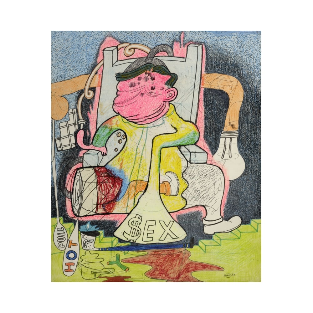 PETER SAUL (N. 1934) Sex 1964: PETER SAUL (N. 1934) Sex 1964 signé et daté 64 pastel gras, encre et stylo-bille sur papier signed and dated 64 oilstick, ink and ball-point pen on paper 77 x 64 cm.
