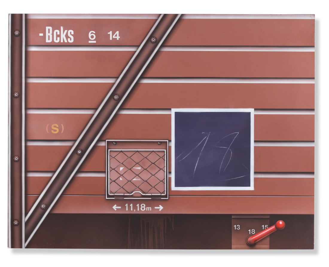 PETER KLASEN (N. 1935) Wagon detail III 1975: PETER KLASEN (N. 1935) Wagon detail III 1975 signé, titré et daté 1975 au revers acrylique sur toile signed, titled and dated 1975 on the reverse acrylic on canvas