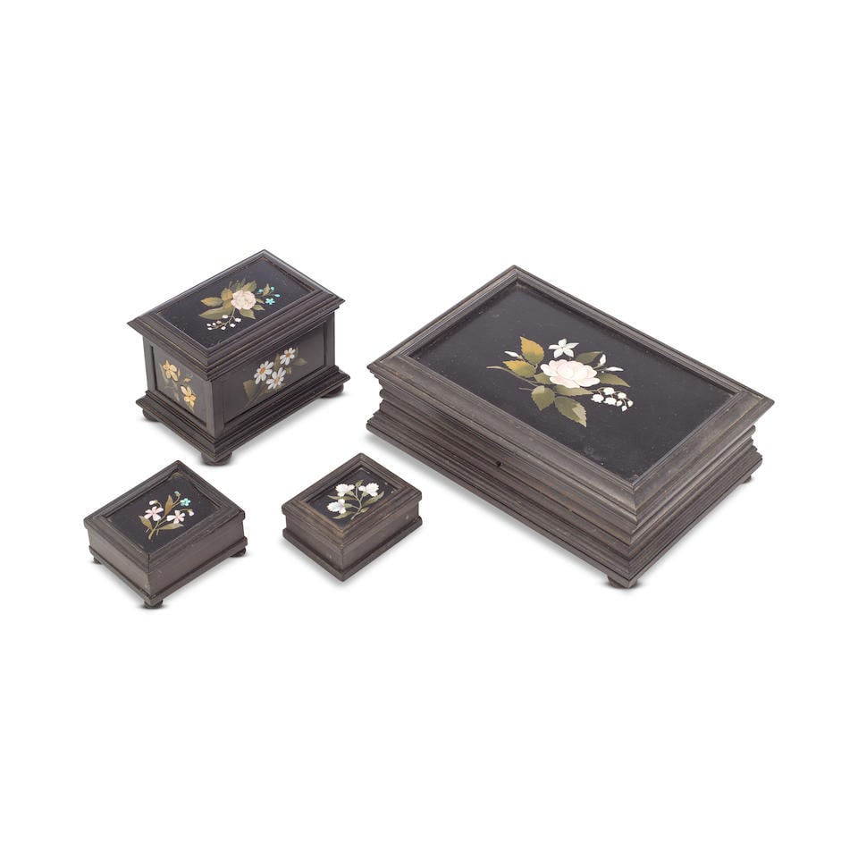 A collection of four Italian ebonised and pietre dure inlaid miniature caskets and boxes Florent... (1 of 1)