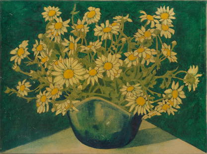 Louay Kayyali (Syria, 1934-1978) White Daisies: Louay Kayyali (Syria, 1934-1978) White Daisies oil on canvas, framed signed Louai Kayyali' and dated '76' (lower centre) in Arabic, signed 'Louai Kayyali', titled 'Flowers no. 6', dated '1976' on the