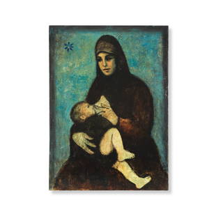 Louay Kayyali (Syria, 1934-1978) Mother and Child: Louay Kayyali (Syria, 1934-1978) Mother and Child oil on canvas signed 'Louay Kayyali' and dated '1962' in Arabic and English on the verso, executed in 1962 96.5 x 69.5cm (38 x 27 3/8in). Footnotes: