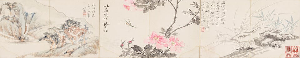 VARIOUS ARTIST (20TH CENTURY) Album of Various Subjects: VARIOUS ARTIST (20TH CENTURY) Album of Various Subjects Album of twelve leaves, mounted, each ink and color on paper, each inscribed and signed Cong Qi, Ding Yi, Gu Yanping, Zhang Shu, Mu Hong, Wang S