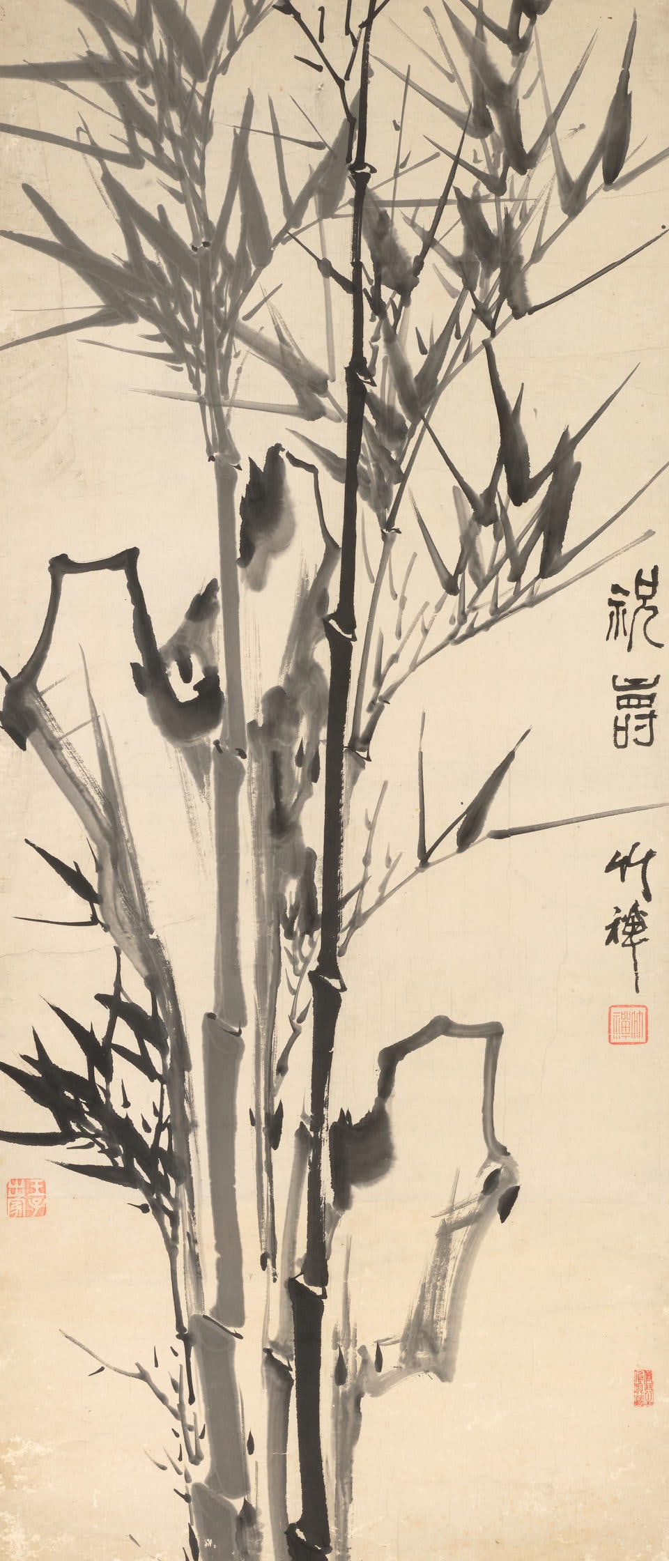 WANG XI (ZHUCHAN, 1824-1901) Ink Bamboo: WANG XI (ZHUCHAN, 1824-1901) Ink Bamboo Ink on paper, hanging scroll, inscribed by the artist and signed Zhuchan, with two artist's seals and a collector's seal. 47 1/2 x 18 1/4in (107.5 x 46cm) Footn