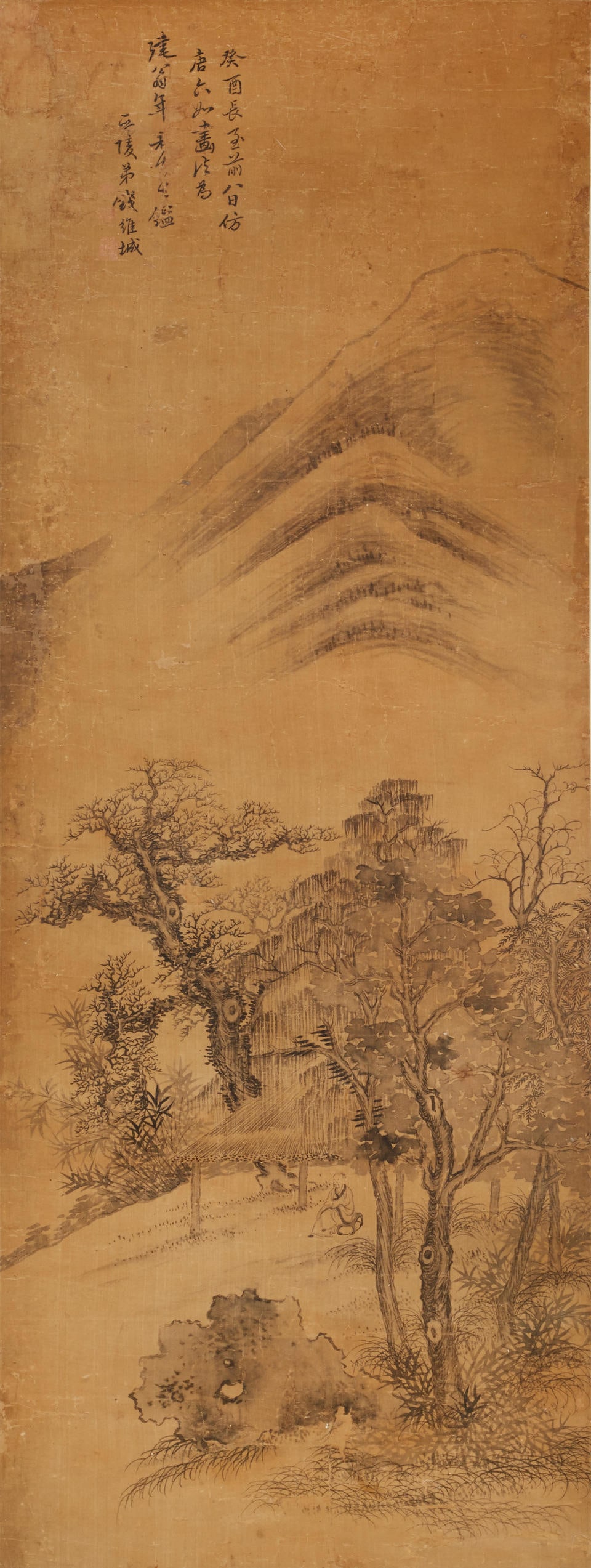 ATTRIBUTED TO QIAN WEICHENG (1720-1772) Landscape after Tang Yin, 1753: ATTRIBUTED TO QIAN WEICHENG (1720-1772) Landscape after Tang Yin, 1753 Ink on silk, hanging scroll, dated guiyou, and signed Qian Weicheng with three seals. 33 1/4 x 12 1/2in (84.4 x 31.8cm) Footnotes