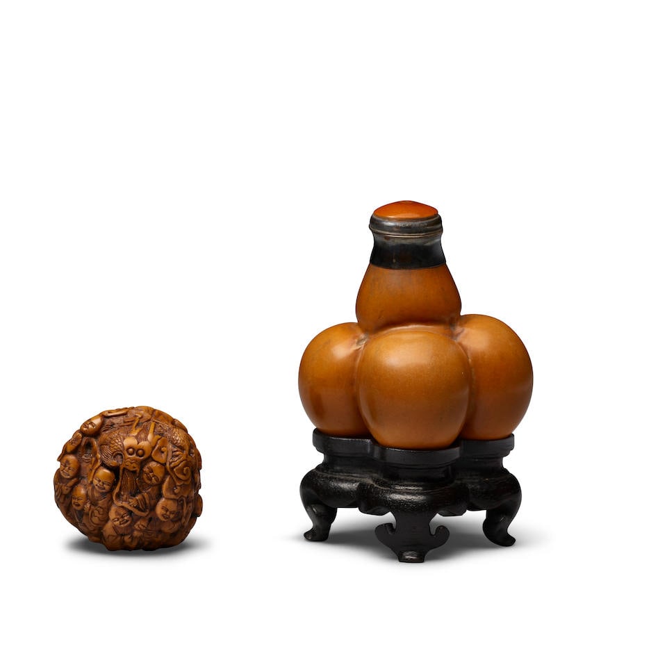 A MOLDED GOURD SNUFF BOTTLE AND A CARVED WALNUT  Late Qing dynasty/Republic period (2) (1 of 1)
