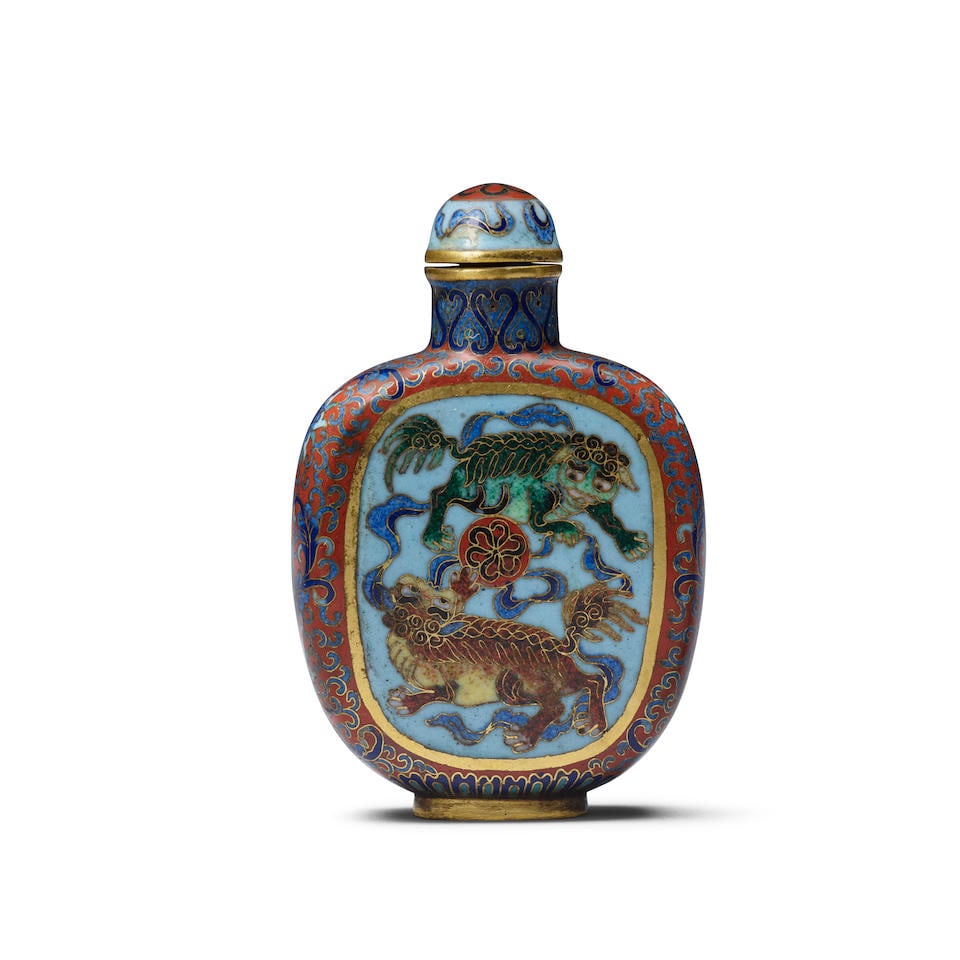 A CLOISONNÉ-ENAMELED 'BUDDHIST LION' METAL SNUFF BOTTLE  Qianlong mark, 20th century (1 of 1)