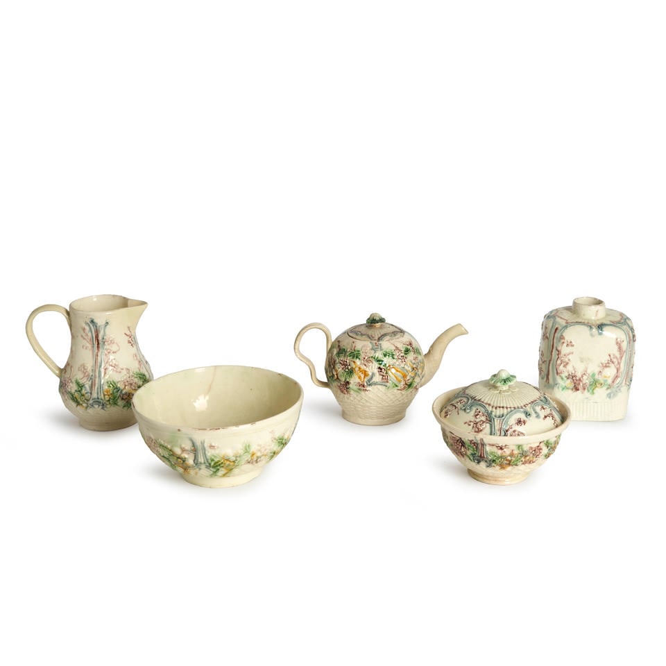 Five Staffordshire Lead Glazed Creamware Greatbatch-type Tea Wares, England, late 18th century, (1 of 1)
