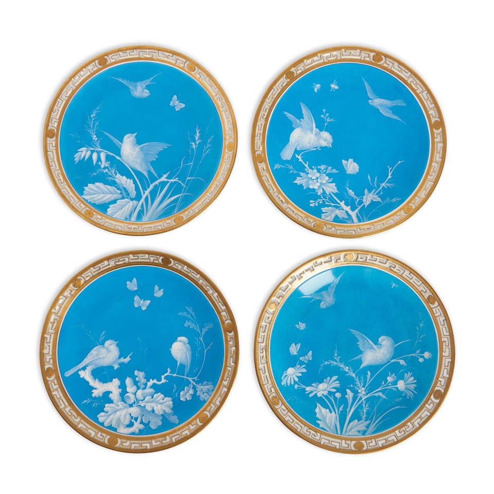 Four Minton China Bleu Celeste Bird Plates, England, c. 1875, (1 of 1)