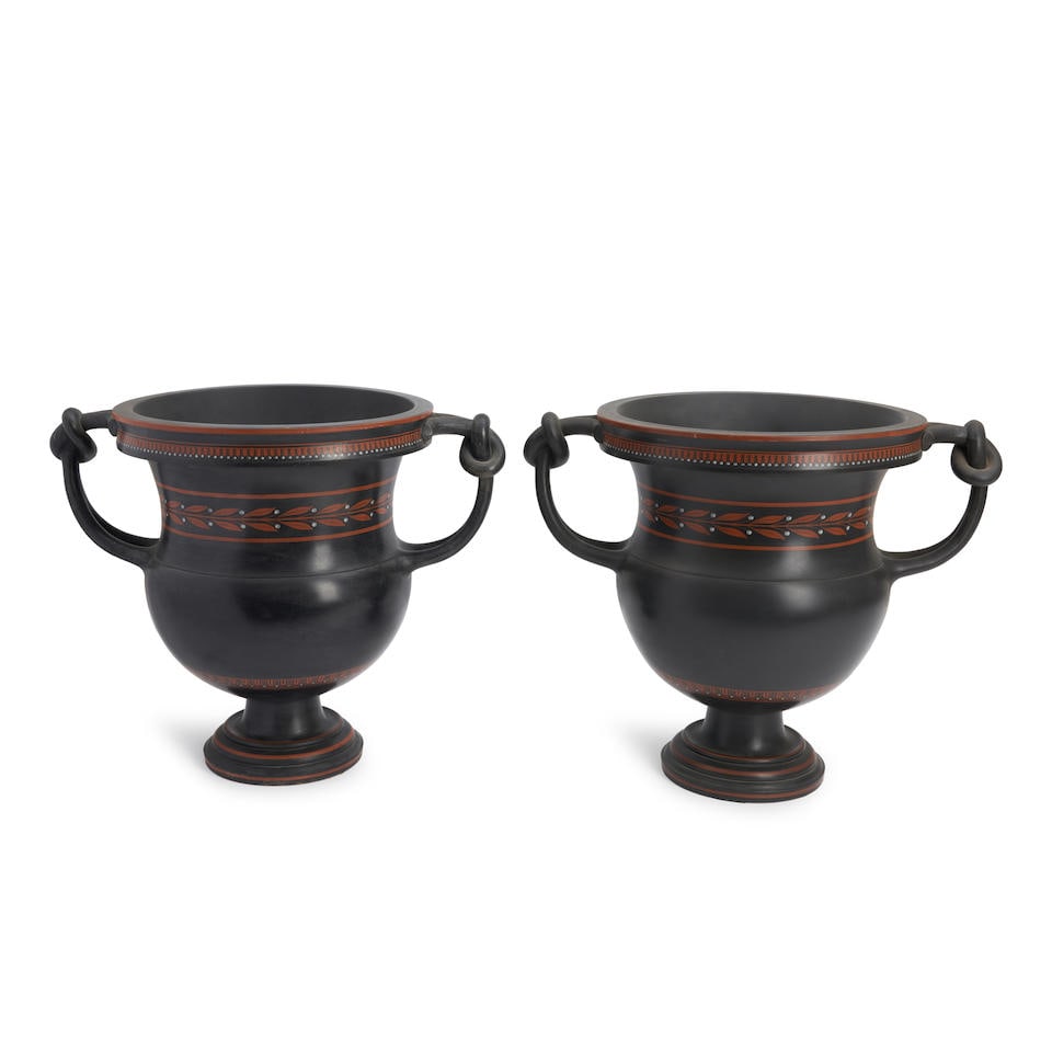 Pair of Wedgwood Black Basalt Encaustic Decorated Vases, England, early 19th century, (1 of 1)