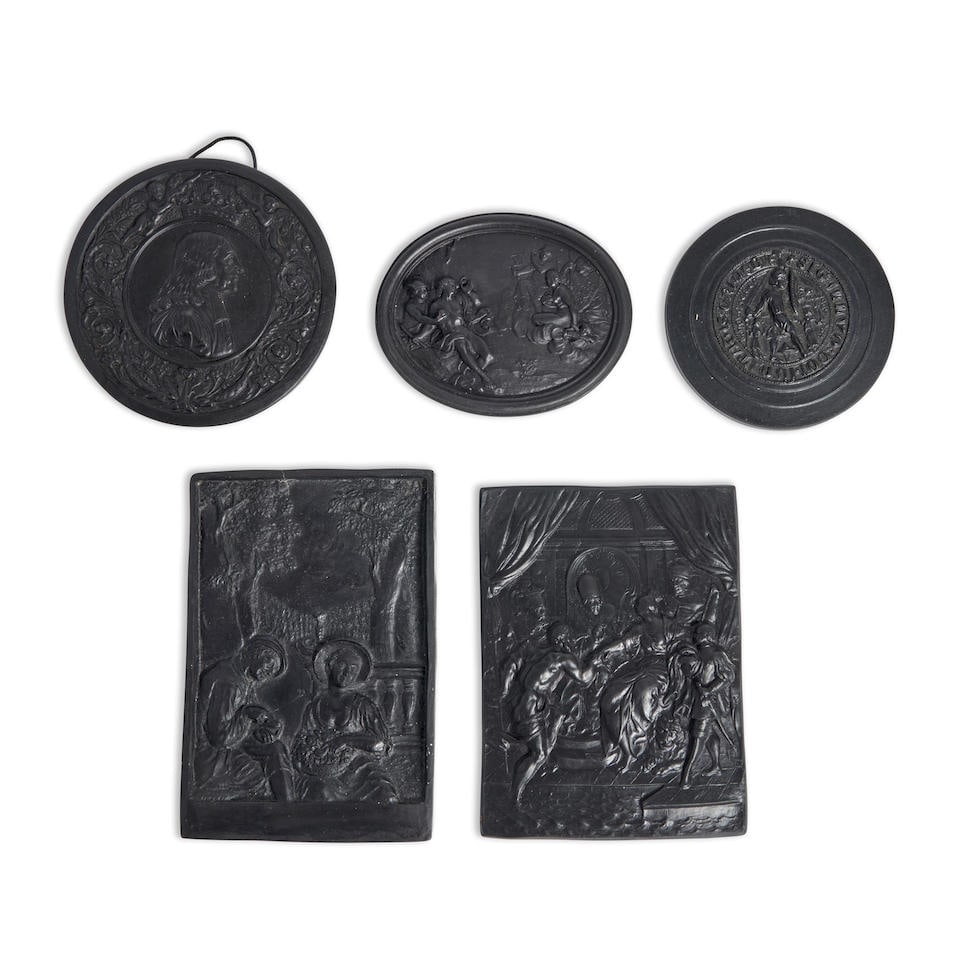 Five Wedgwood Black Basalt Medallions, England, 18th & 19th century,: Five Wedgwood Black Basalt Medallions, England, 18th & 19th century, a circular of John Wesley, dia. 3 1/2; circular commemorative made for Arthur Cook, dia. 3; molded rectangular depiction of two fig