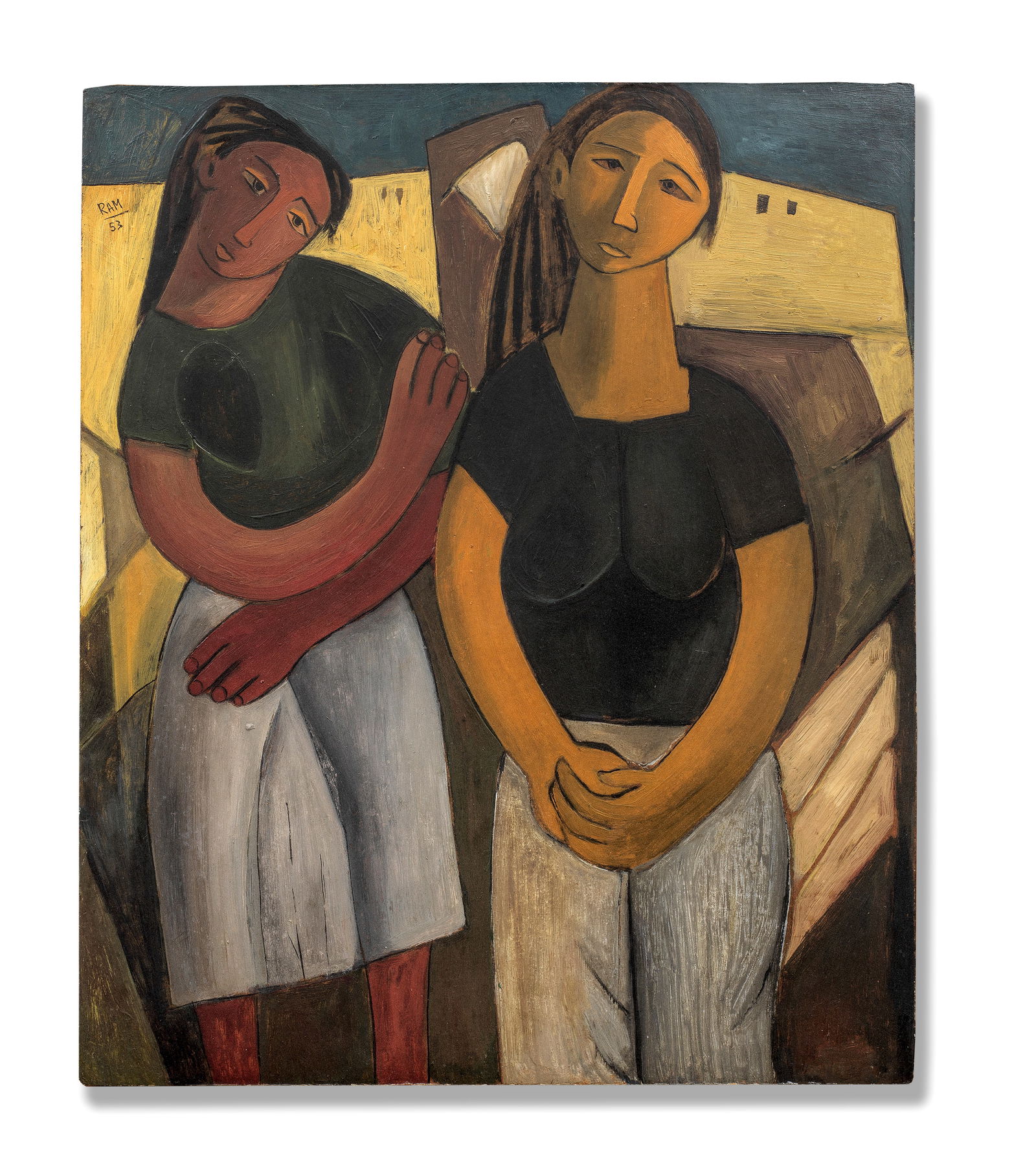 Ram Kumar (1924-2018) Two Girls: Ram Kumar (1924-2018) Two Girls signed and dated 'Ram 53' upper left oil on board, framed 73.9 x 61.3cm (29 1/8 x 24 1/8in). Footnotes: Provenance Property from a private c