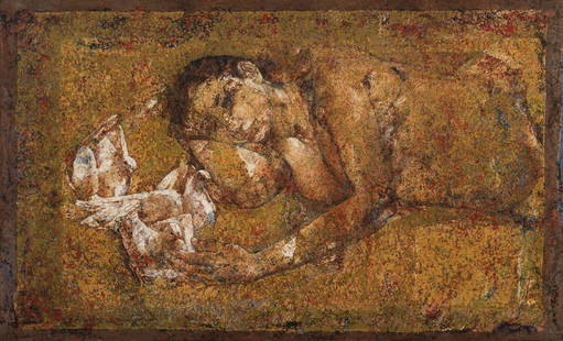 Jamil Naqsh (1939-2019) Untitled (Woman & Doves): Jamil Naqsh (1939-2019) Untitled (Woman & Doves) oil on canvas, framed 91.3 x 152.6cm (35 15/16 x 60 1/16in). Footnotes: Provenance Property from a private collection, Pakistan