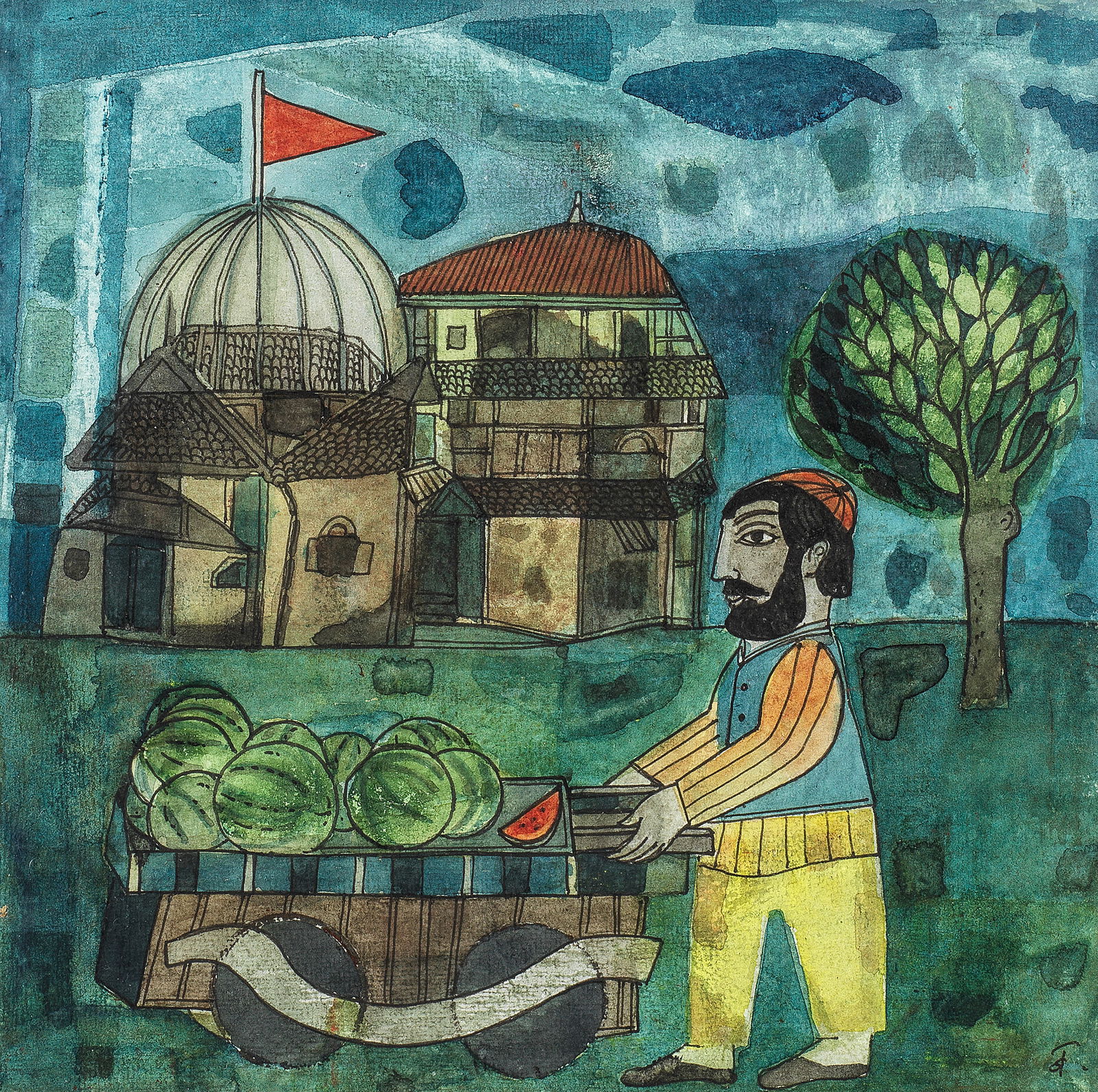 Badri Narayan (1929-2013) Untitled (Watermelon Seller): Badri Narayan (1929-2013) Untitled (Watermelon Seller) initialed 'B' in Devanagari lower right watercolour on paper, framed 22.2 x 22.2cm (8 3/4 x 8 3/4in). Footnotes: Provenance</