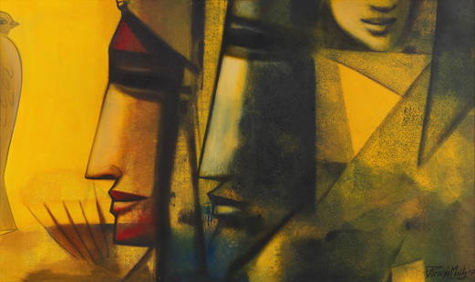 Paresh Maity (B.1965) Untitled (Faces & Bird): Paresh Maity (B.1965) Untitled (Faces & Bird) signed 'Paresh Maity' lower right; further inscribed with the artists name, size, year and medium verso oil on canvas, framed 90.2 x 152cm (35 1/2 x 59 13