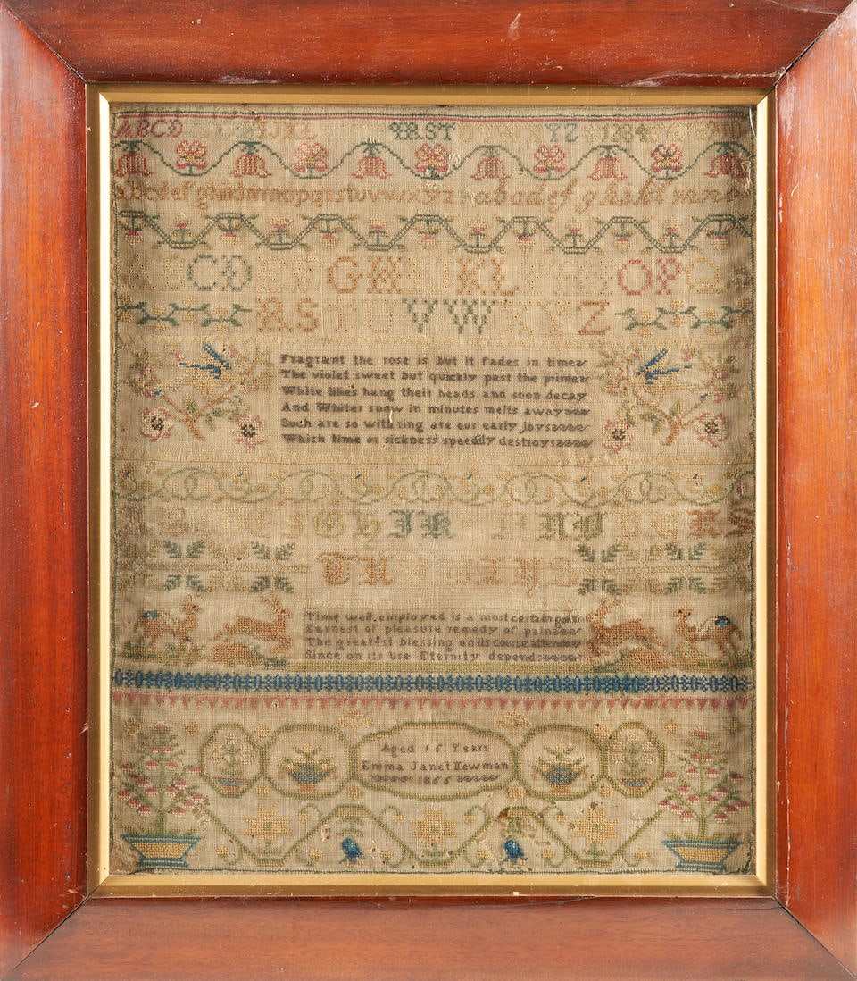 Framed Needlepoint Sampler, signed Emma Janet Newman (aged 15), 1855. (1 of 3)