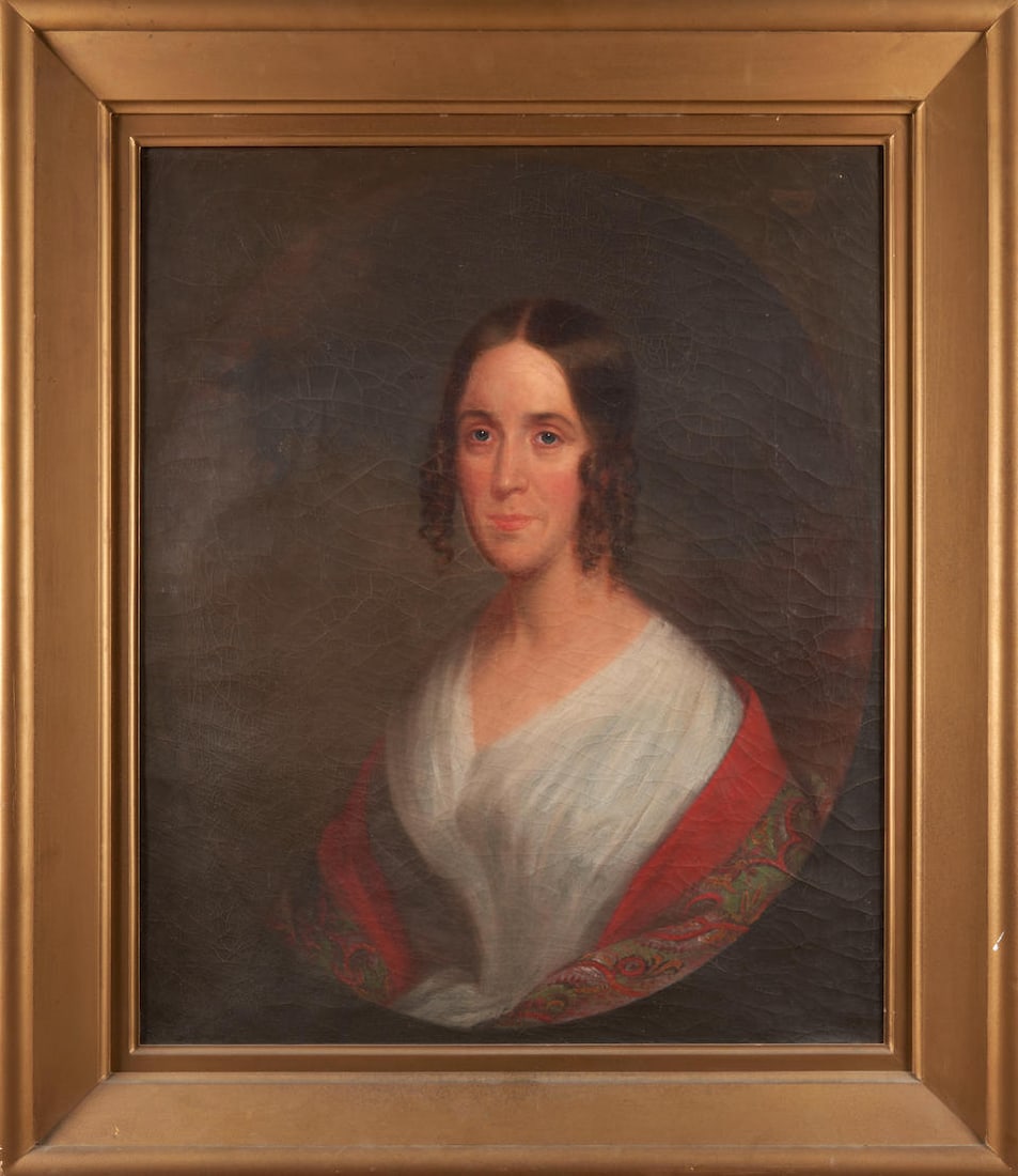 Follower of Thomas Sully (American, 1783-1872) Portrait of Annette Winthrop (framed 94.0 x 81.0 ...: Follower of Thomas Sully (American, 1783-1872) Portrait of Annette Winthrop unsigned, inscribed 'Annette Halsey Winthrop 1806 1884 / Wife of Dr. John James DeWolf' on the reverse oil on canvas 76.5 x