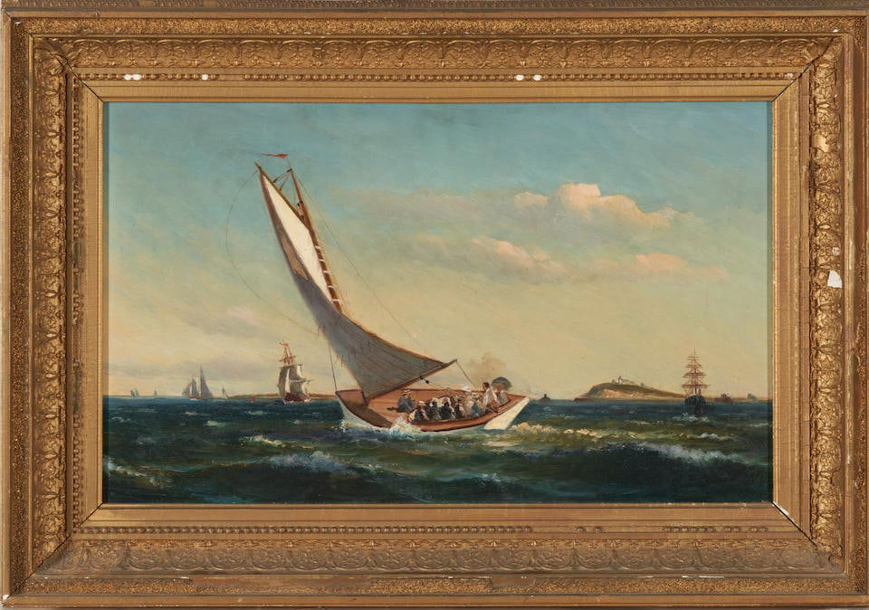 Attributed to Clement Drew (American, 1806-89) The Cat Boat Canvas, 20 1/4 x 12 3/8 in. Framed, ...: Attributed to Clement Drew (American, 1806-89) The Cat Boat Unsigned Oil on canvas in period giltwood frame. Canvas, 20 1/4 x 12 3/8 in. Framed, 25 1/4 x 17 1/2 in. For further information on this lot