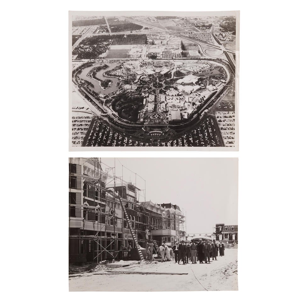 A Pair of Original Photographs Including an Aerial View of Disneyland and Construction of Main S...: A Pair of Original Photographs Including an Aerial View of Disneyland and Construction of Main Street U.S.A. Taken by Mell Kilpatrick Comprising two silver gelatin photographs, both 8 x 10 in., 1954-1