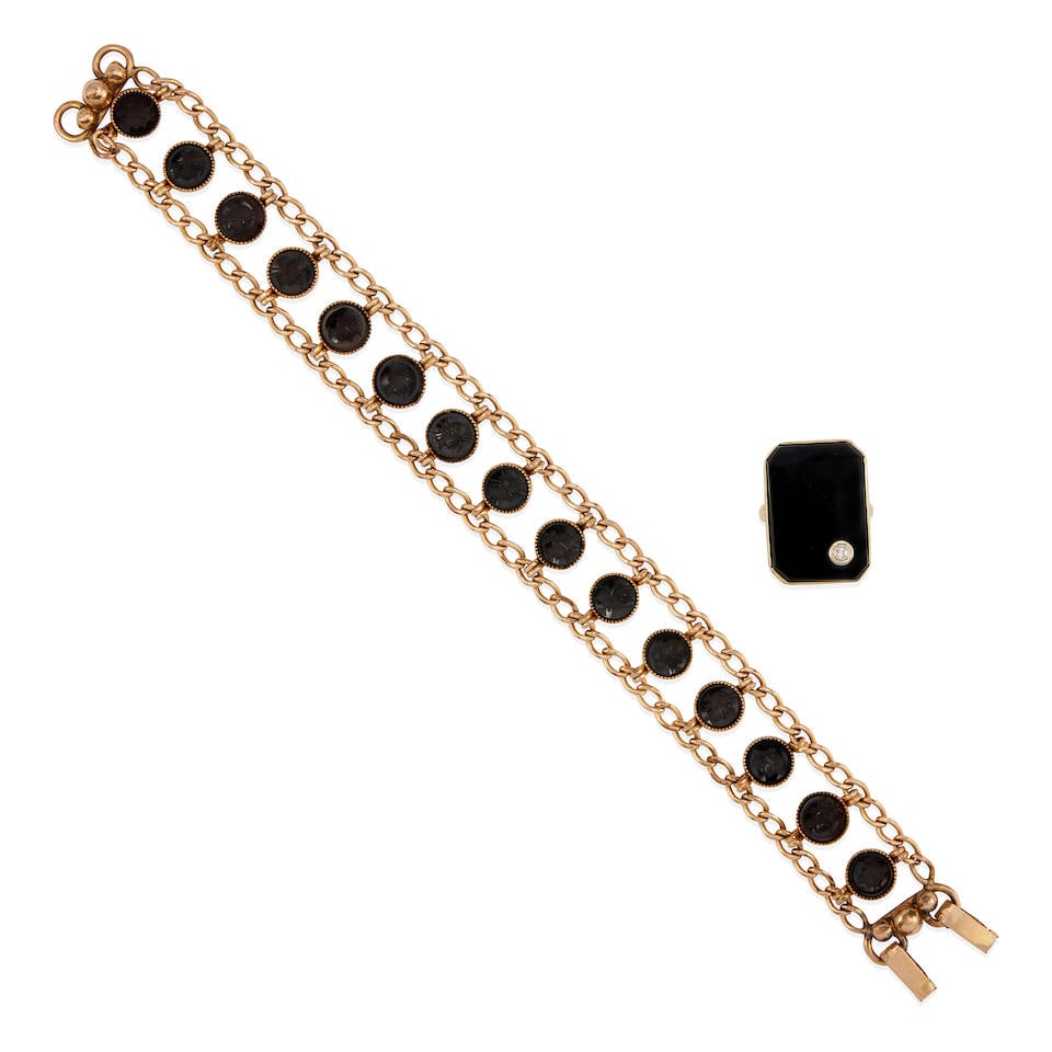 14K GOLD, 12K GOLD-FILLED, BLACK ONYX AND DIAMOND RING AND BRACELET (1 of 3)