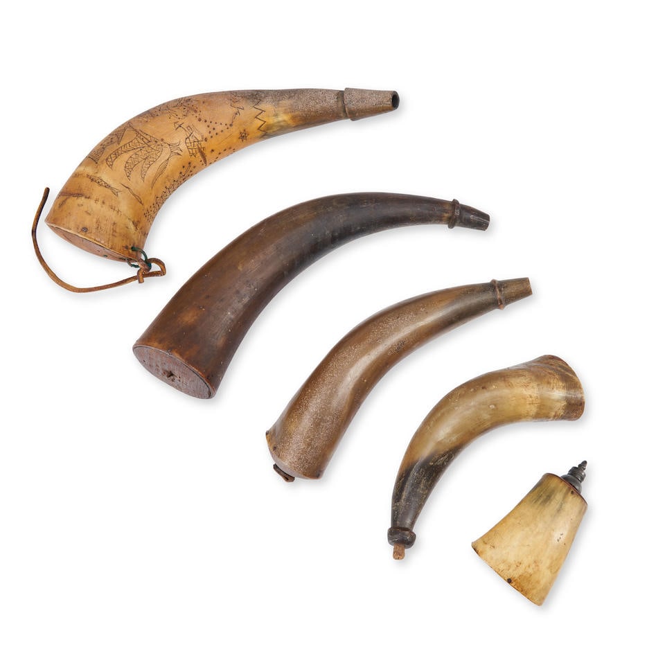 Five Powder Horns/Flasks,: Five Powder Horns/Flasks, America, 19th century. One with carved 'J. Daniels' with flowers, ships, heart, geometric figures; and four undecorated horns/flasks. Lg. to 11 in. For further information on