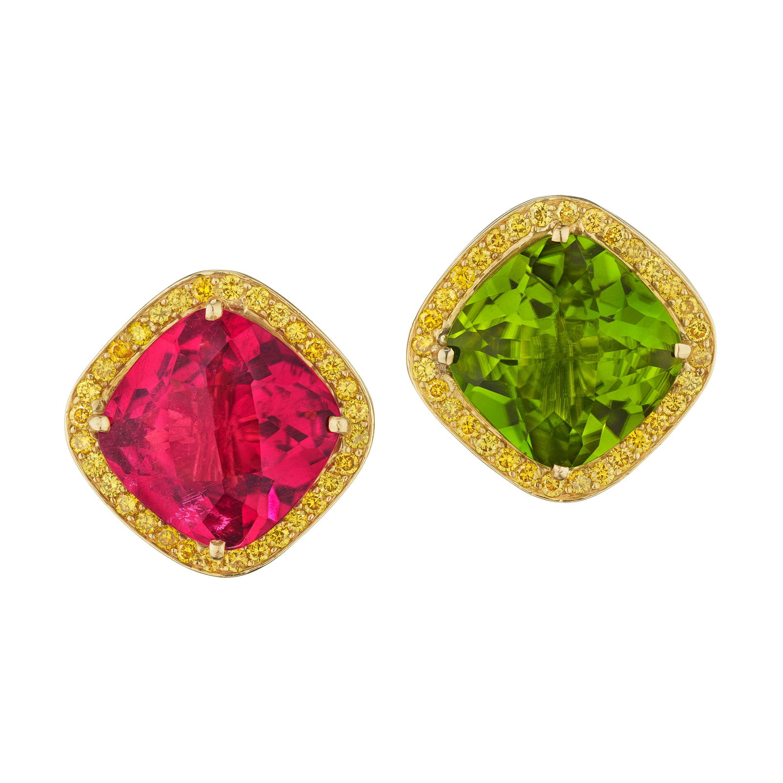 PAOLO COSTAGLI: A PAIR OF TOURMALINE AND PERIDOT EARRINGS, ITALY: PAOLO COSTAGLI: A PAIR OF TOURMALINE AND PERIDOT EARRINGS, ITALY One earring centering a cushion-shaped tourmaline, the other a cushion-shaped peridot, both within a surround of diamonds of yellow-tin
