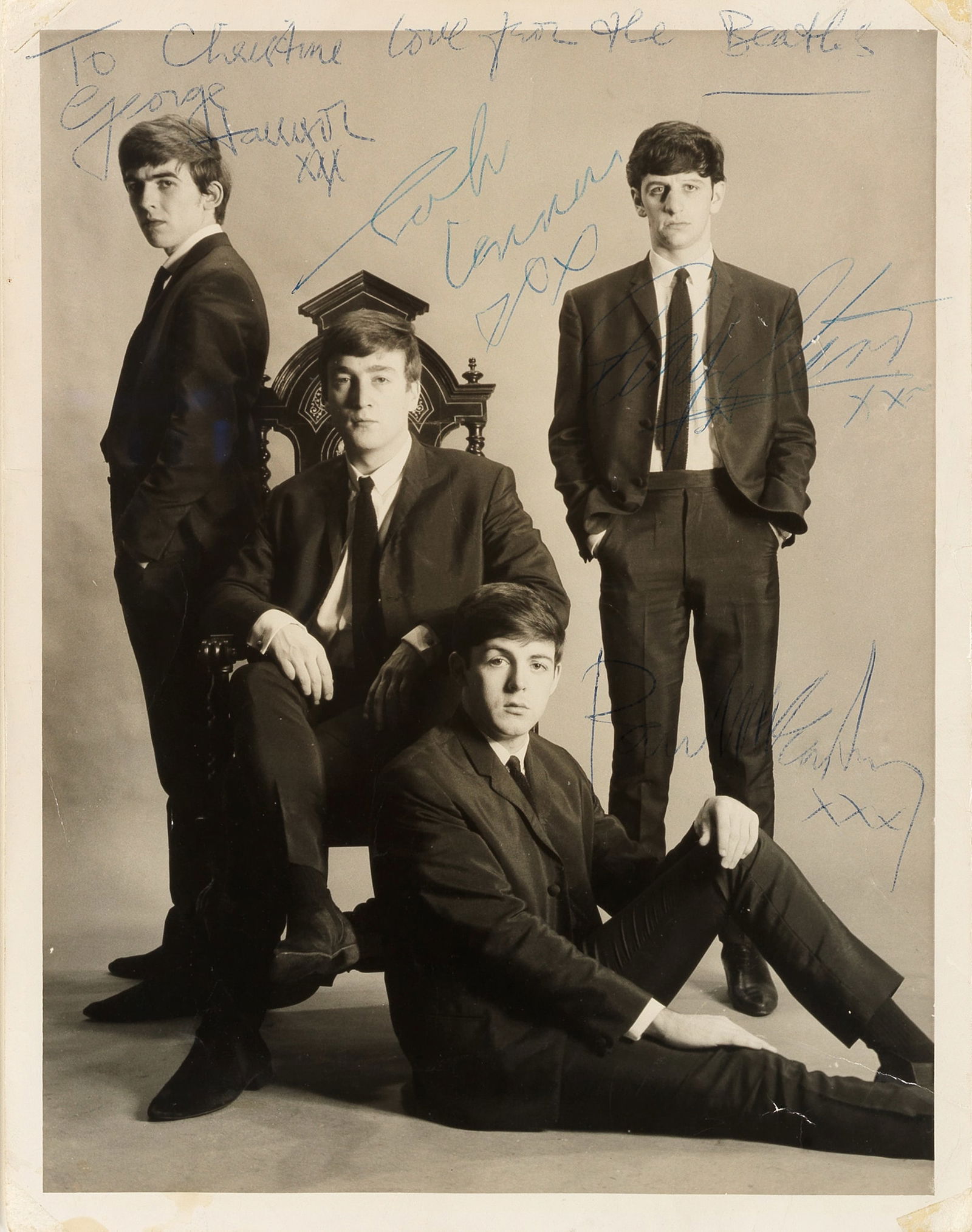 The Beatles: An Early Autographed Publicity Photograph, late 1962/early 1963,: The Beatles: An Early Autographed Publicity Photograph, late 1962/early 1963, the black and white portrait signed in blue ballpoint by George Harrison, Ringo Starr, John Lennon and Paul McCartney, als