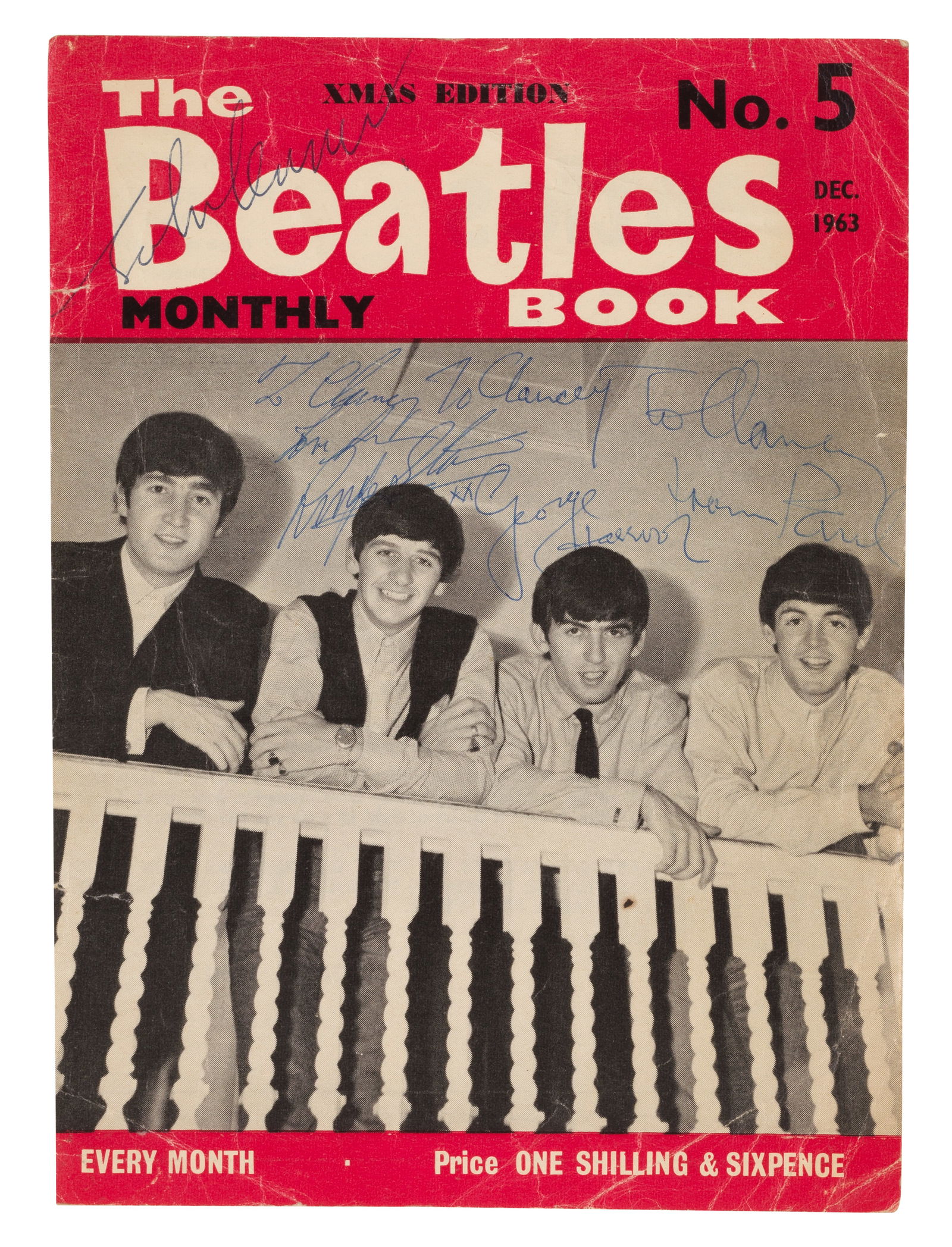 The Beatles: An Autographed Front Cover Taken From The Beatles Book Monthly, No.5, December 1963,: The Beatles: An Autographed Front Cover Taken From The Beatles Book Monthly, No.5, December 1963, signed in blue ballpoint by John Lennon, Ringo Starr, George Harrison and Paul McCartney, with three d